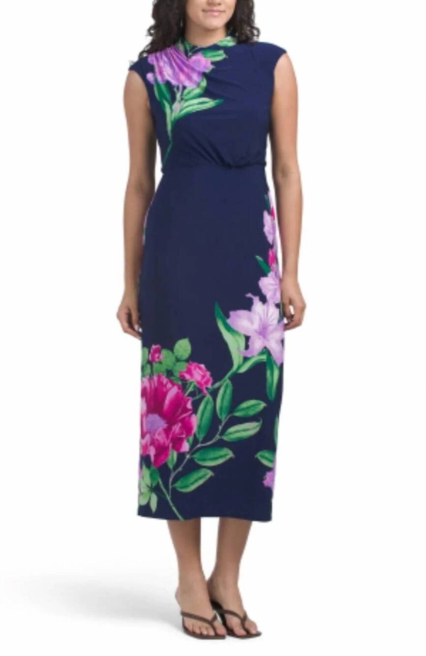 NEW LONDON TIMES flower print mock neck midi dress in navy pink